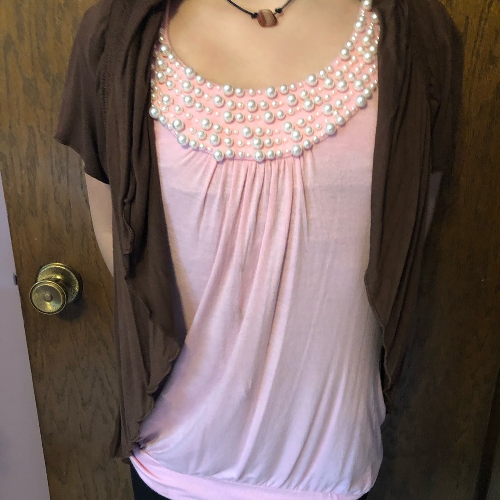 Pink tank and brown cardigan